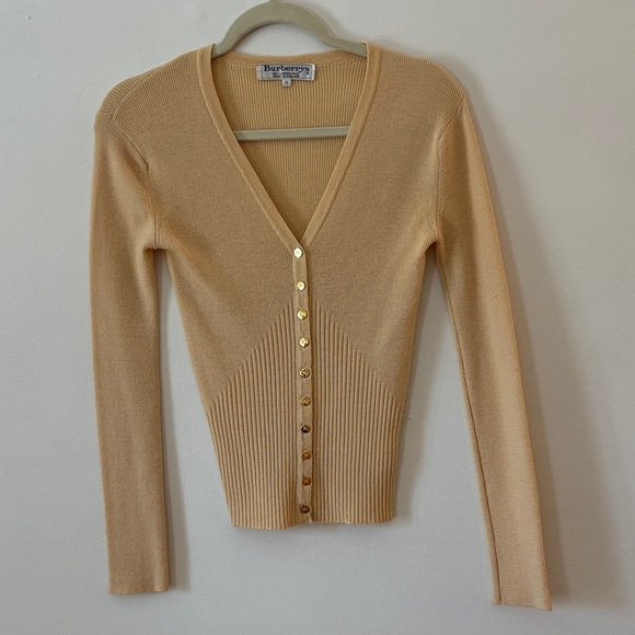 Burberry Sweaters - Vintage Burberry Ribbed Wool Cardigan Butter Yellow Tan Women's size Small
